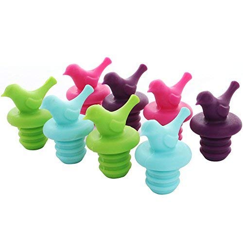 ScivoKaval Little Bird Silicone Wine Bottle Stopper Kit, Silicone Bottle Cork Set of 8, Assorted Color Green Blue Pink…